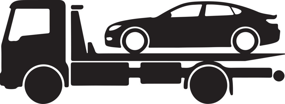 Flatbed tow truck carrying car on road