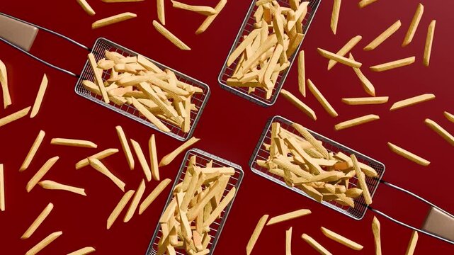 A 3d animation of symmetrical starburst of fryer baskets full of golden french fries become a vortex of golden fries and metal as the camera performs a high-speed orbital spin.