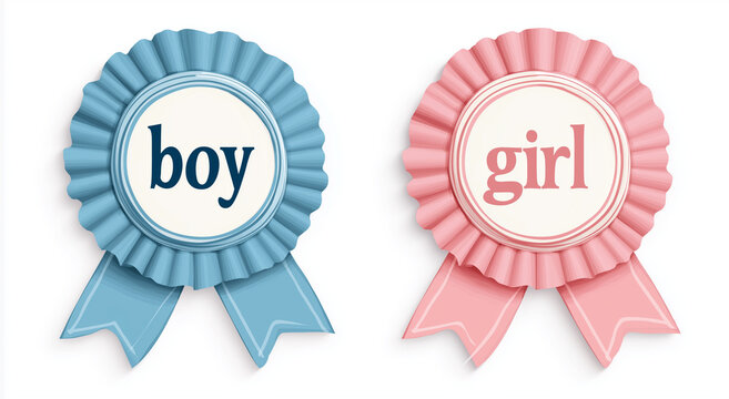 two vector ribbons with the words Boy and Girl, in pastel blue and pink gingham patterns, in a clip art style, on a white background, a vector illustration with a simple design