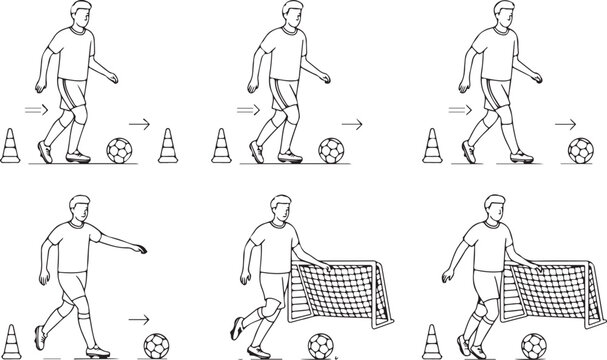 Soccer player dribbling ball through cones and net
