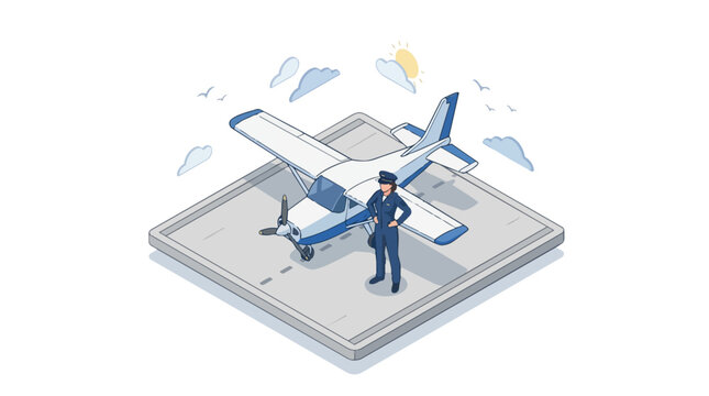 Isometric illustration of a professional female pilot standing confidently in front of a small propeller airplane on an airport runway representing female empowerment and career