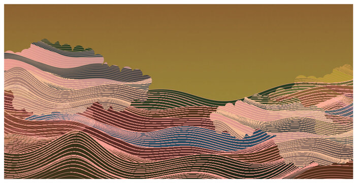 Abstract Landscape Illustration with Wave Patterns and Clouds