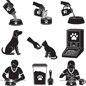 Pet feeding icons set, black and white dog and cat food vector illustrations, domestic animal nutrition and care symbols for pet shop branding