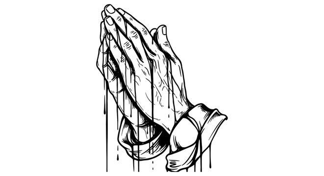 Dripping hands clasped in prayer illustration with praying hands, line art