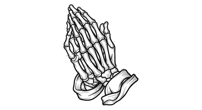 Skeleton hands clasped in prayer illustration with praying hands, line art