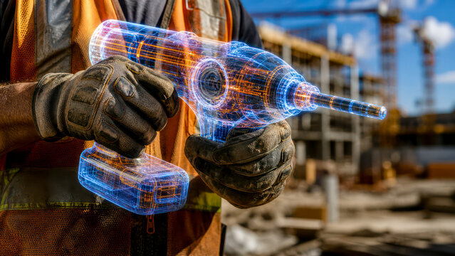 Closeup of industrial worker holding futuristic holographic power tool with blurred construction site background