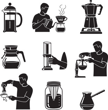Coffee brewing methods icon set, professional barista preparing specialty coffee vector, manual pour over and espresso equipment illustrations