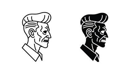 Retro style profile portrait illustration in black and white line art and solid silhouette of a man with pompadour hair © Dhaka