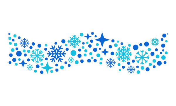 Wavy decorative border featuring geometric snowflakes, stars, and dots in bright blue and cyan, isolated flat design element