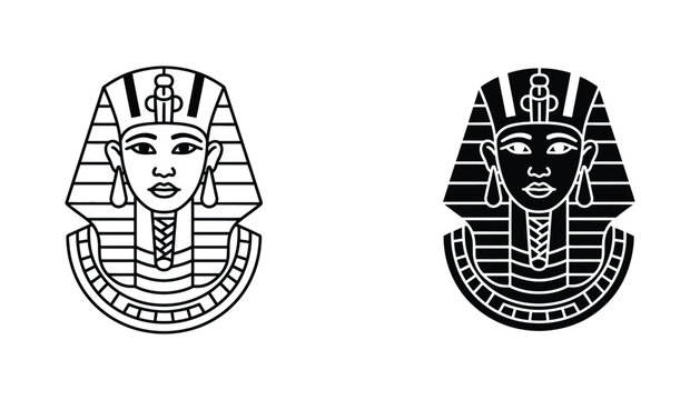 Pharaoh's headdress and face in outline and silhouette vector graphics representing ancient Egypt and historical figures