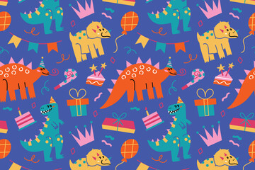 Cute dinosaur birthday seamless pattern on blue background, flat cartoon stegosaurus, T-rex and triceratops with party hats. Celebration accessories, cake, candles, gifts vector illustration © Elena