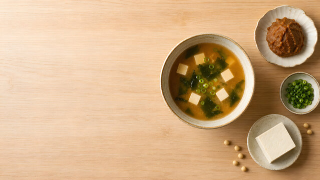 Japanese Miso Bowl Flat Lay Background with Copy Space
