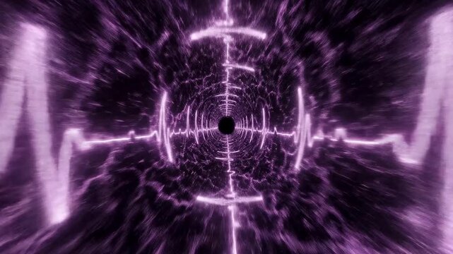 A mesmerizing abstract design featuring a central black square surrounded by concentric purple lines and radiating light effects
