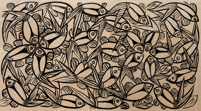 Hand painted black fish ornament in traditional Indian style