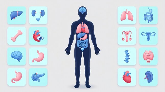 Human body anatomy diagram with internal organ icons