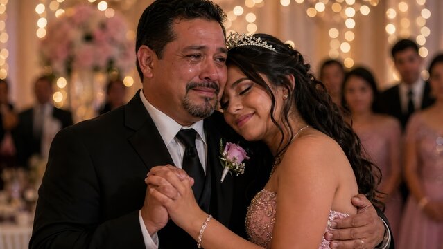 Emotional father crying dancing with daughter at Quincea&ntilde;era.