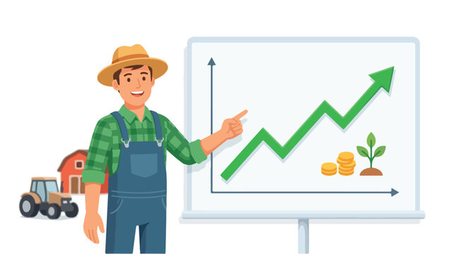 Happy farmer worker presenting agricultural business growth chart showing increased profits and successful farming investments