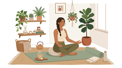 Obraz premium Peaceful Self Care Routine Illustration Woman Meditating with Plants and Tea 2d Vector Graphic