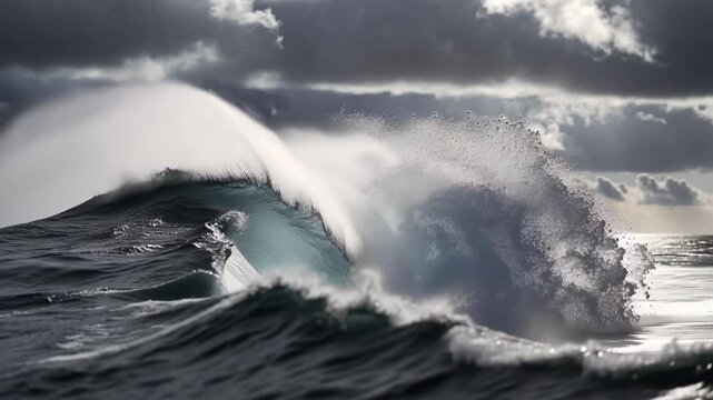 Powerful ocean wave crashing under a dramatic stormy sky capturing raw untamed energy and natural ocean force