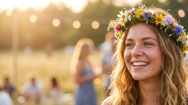 Joyful woman wearing a floral crown at a vibrant midsummer celebration outdoors, with warm sunlight and blurred festive background