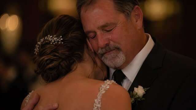 Emotional father hugging his daughter crying during wedding day reception.