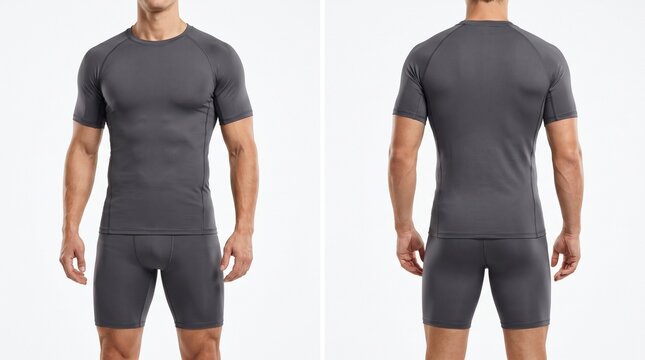 Compression men&rsquo;s gym set mockup. Short sleeve t-shirt and tight shorts workout outfit, front and back view
