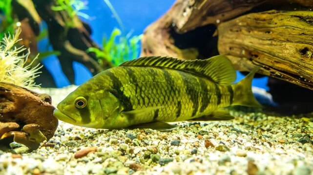 A striped fish rests on the sandy bottom of an aquatic environment