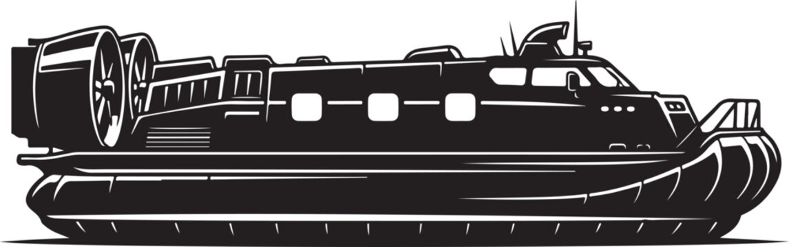 Black hovercraft, vector boat, air cushion vehicle, transportation icon