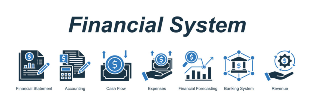 Financial System banner web icon vector illustration concept with an icon of Financial Statement, Accounting, Cash Flow, Expenses, Financial Forecasting, Banking System, Revenue 