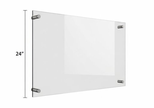 Frameless glass panel with metal corner clips for wall mounting isolated on white background