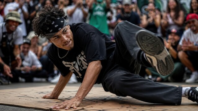 Athletic young man breakdancing on cardboard outdoors in front crowd.