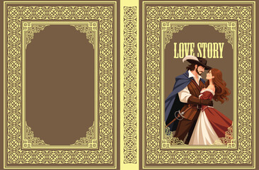 Obraz premium 083-10-Illustrated vintage book cover featuring an embracing couple in historical clothing with decorative frames