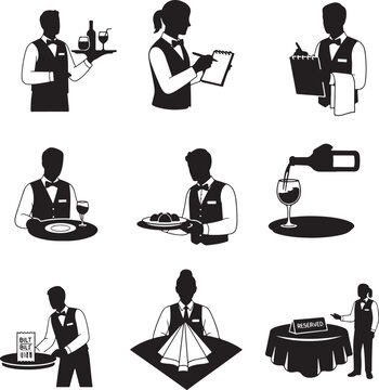 Restaurant waiter silhouettes set, professional server and waitress icons, 9 hospitality staff vector elements for dining and catering services