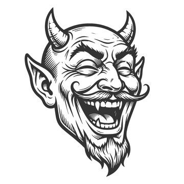 grinning devil face with horns, pointed ears, fangs, tongue, and sinister expression sketch engraving generative ai vector illustration. Scratch board imitation. Black and white image.