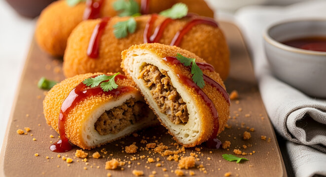 Meat-filled fried rissoles cut in half with chili sauce on a wooden cutting board.