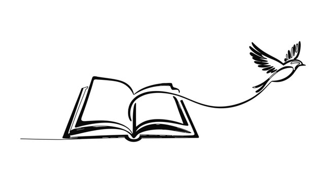 Continuous one line drawing of a bird flying from an open book symbolizing freedom imagination storytelling