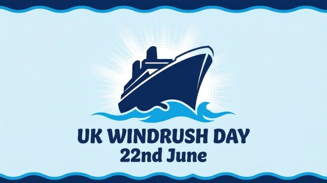 UK Windrush Day poster with ship icon on light blue background