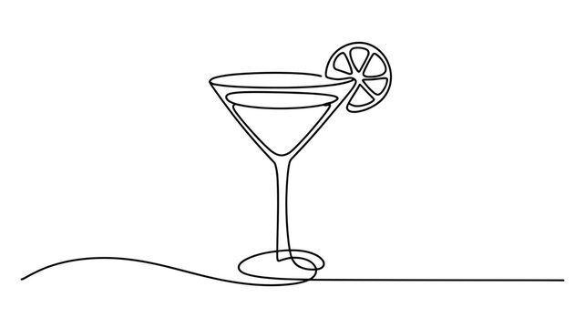 Continuous single line art drawing of a martini cocktail glass with a lime slice garnish cocktail continuous