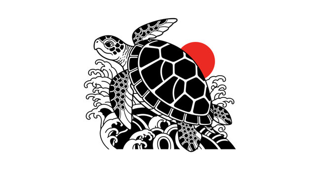Black and white turtle illustration art.