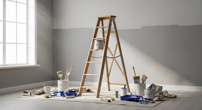 A wooden ladder in an empty room with paint cans and a drop cloth in preparation for home renovation or painting