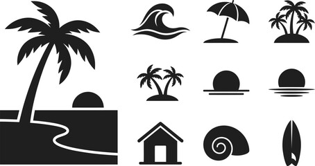 Obraz premium Minimalist Beach and Summer Vacation Icon Set with Palm Trees, Sun, Waves, and Surfboard Silhouettes - Flat Vector Design Elements for Tropical Travel and Tourism Branding