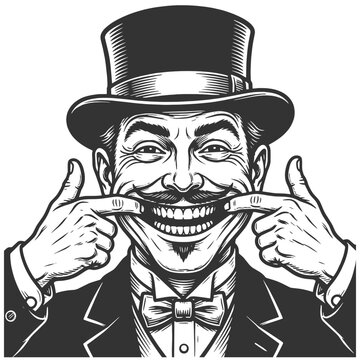 gentleman pulling his mouth into an exaggerated smile with both hands sketch engraving generative ai fictional character vector illustration. Scratch board imitation. Black and white image.