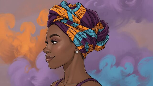 Graceful woman wearing vibrant purple and orange patterned headwrap smiling softly in colorful setting