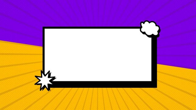 Purple and Yellow Rotating Sunburst Background with Comic Book Style Blank Speech Bubble Frame for Cartoon Intro Title Sequence