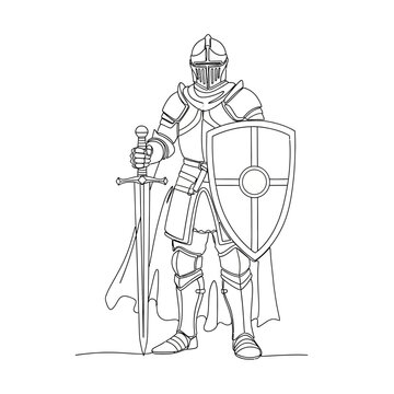 Medieval Knight in Full Armor Holding Sword and Shield, Line Art