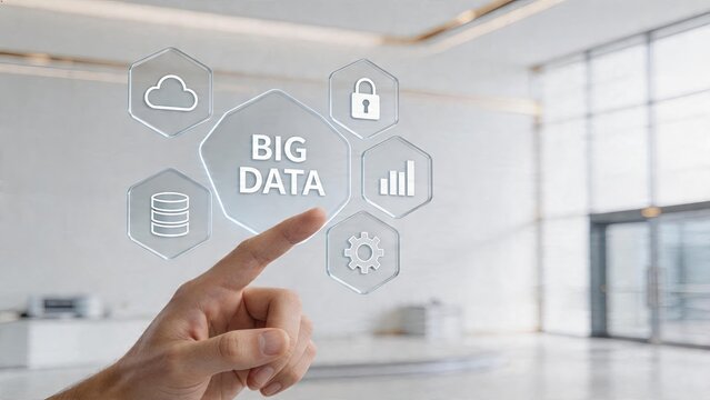 Businessman interacting with digital big data interface touch cloud storage security lock icon database bar chart gear symbol management in modern office building environment