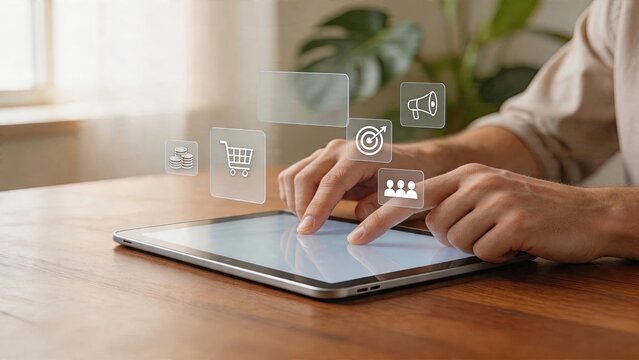 Businessman tapping digital tablet screen ecommerce app interface online shopping cart marketing strategy target arrow icon coin stack currency symbol social media group avatar