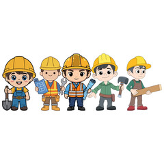 Fototapeta premium Group of pixel art construction workers with tools