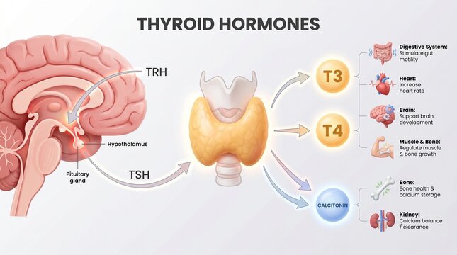 Medical illustration of the human thyroid hormone system