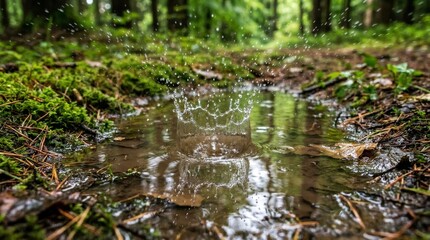 Fototapeta premium High-speed capture of a water droplet creating a crown-shaped splash in a muddy puddle on a forest floor surrounded by green moss and pine needles.